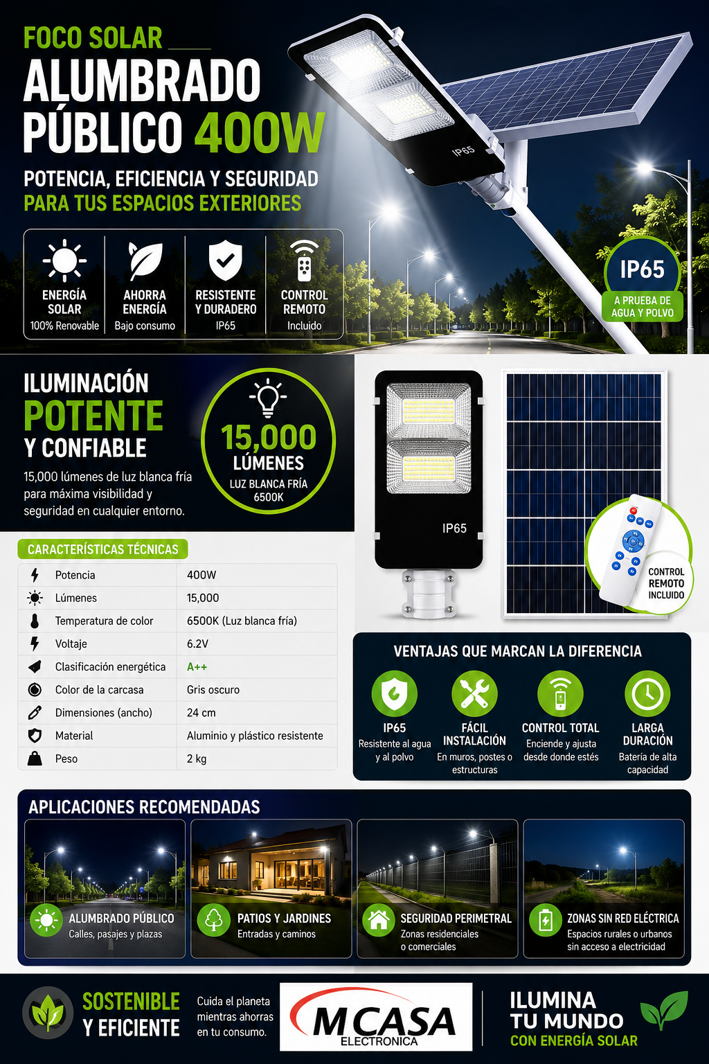 Foco Solar Público Exterior | 400w + Tubo + Panel